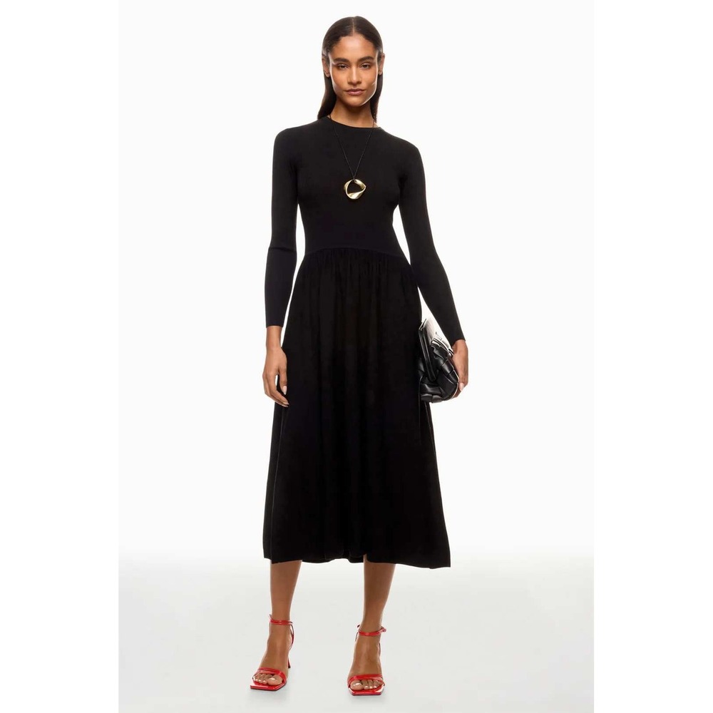 Thakoon Collective Black Ribbed Knit Fit & Flare Midi Dress Long Sleeve Size M